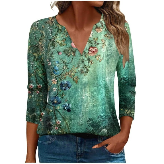 CYMMPU Spring Tops V Neck 3/4 Sleeve Blouses for Women Dressy Casual Loose Fit Fall Fashion Shirts Tunic Tops Floral Pattern Business Elegant Work Topss Multicolor M