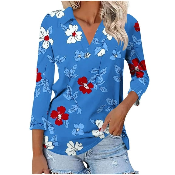 CYMMPU Spring Tops V Neck Blouses for Women Dressy Casual Floral Pattern 3/4 Sleeve Fall Trendy Shirts Loose Fit Business Elegant Work Tops T-Shirts XL