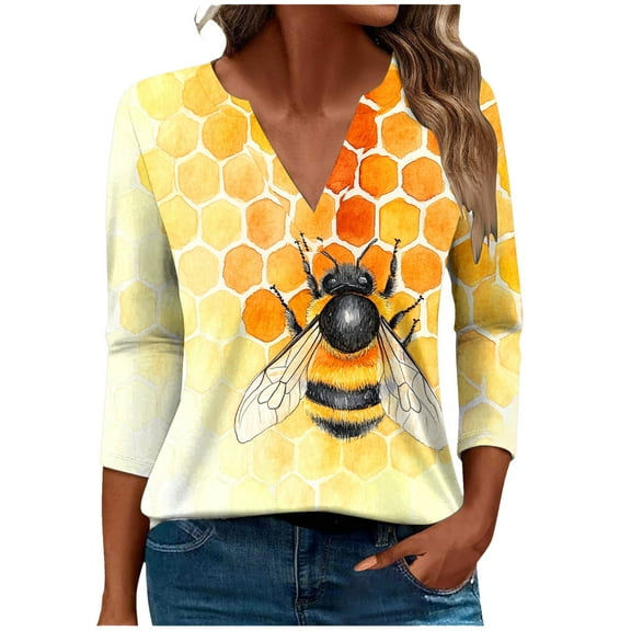CYMMPU Spring Tops V Neck Fall Fashion Shirts Bee Graphic Loose Fit Blouses for Women Dressy Casual 3/4 Sleeve Tunic Tops Business Elegant Work Topss XXXL