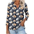 thumbnail image 1 of CYMMPU Spring Tops V Neck Fall Fashion Shirts Blouses for Women Dressy Casual T-Shirts Floral Printed 3/4 Sleeve Loose Fit Business Elegant Work Topss Navy L, 1 of 5