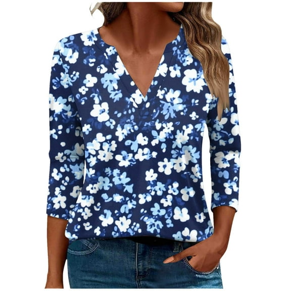 CYMMPU Spring Tops V Neck Fall Trendy Shirts Floral Pattern Loose Fit 3/4 Sleeve Blouses for Women Dressy Casual Tunic Tops Business Elegant Work Tops T-Shirts L