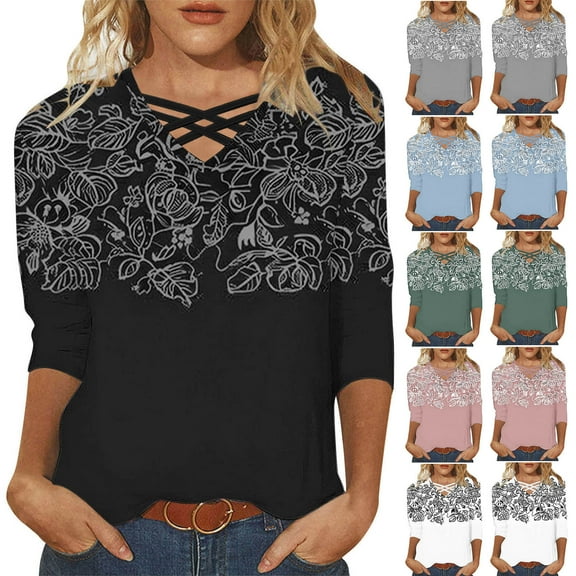 CYMMPU Spring Tops V Neck Loose Fit Floral Printed 3/4 Sleeve Tunic Tops Summer Fashion Shirts Blouses for Women Dressy Casual Business Elegant Work Topss XXL