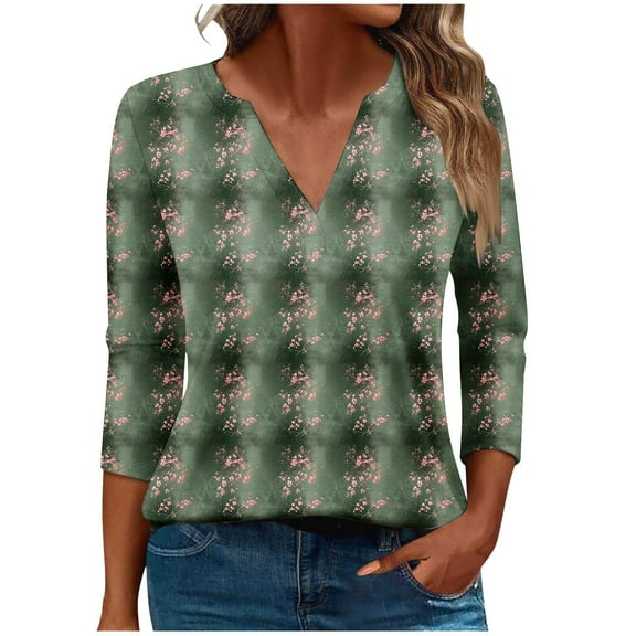 CYMMPU Spring Tops V Neck Loose Fit Summer Fashion Shirts T-Shirts Flower Pattern 3/4 Sleeve Blouses for Women Dressy Casual Business Elegant Work Topss Multicolor XXXL