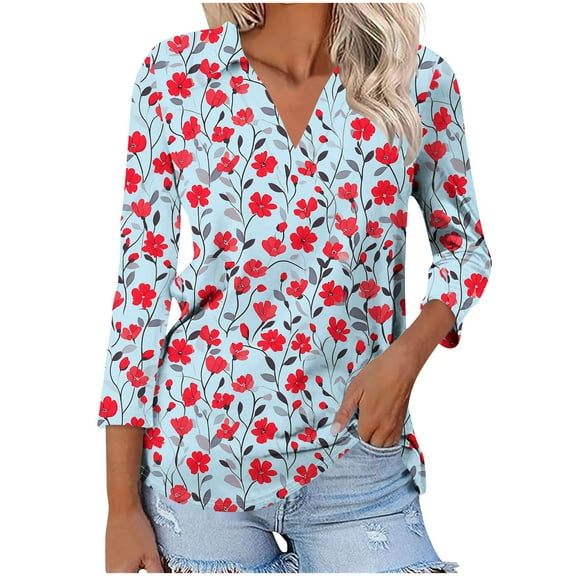 CYMMPU Spring Tops V Neck Tunic Tops Boho Blouses for Women Dressy Casual 3/4 Sleeve Loose Fit Summer Trendy Shirts Flower Pattern Business Elegant Work Tops T-Shirts M
