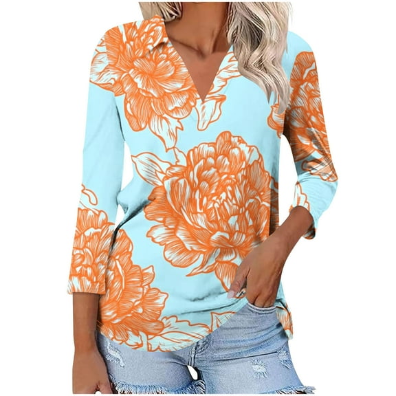 CYMMPU Spring Tops V Neck Tunic Tops Boho Blouses for Women Dressy Casual Floral Printed Fall Fashion Shirts 3/4 Sleeve Loose Fit Business Elegant Work Topss S