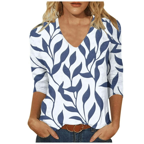 CYMMPU Spring Tops V Neck Tunic Tops Loose Fit 3/4 Sleeve Fall Fashion Shirts Blouses for Women Dressy Casual Floral Pattern Business Elegant Work Topss XL