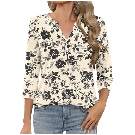 CYMMPU Spring Topss 3/4 Sleeve V Neck Flower Printed Fall Fashion Shirts Blouses for Women Dressy Casual Loose Fit Business Elegant Work Topss Khaki S
