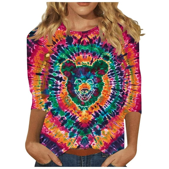CYMMPU Spring Tunic Tops 3/4 Sleeve Blouses for Women Dressy Casual Crew Neck Fall Trendy Shirts Loose Fit Tie Dye Ombre T-Shirts L