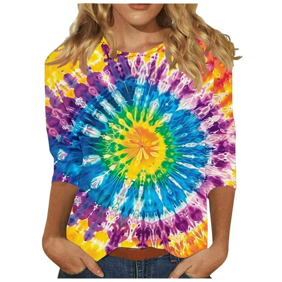 CYMMPU Spring Tunic Tops 3/4 Sleeve Blouses for Women Dressy Casual Fall Trendy Shirts Tie Dye Loose Fit Crew Neck Ombre T-Shirts L