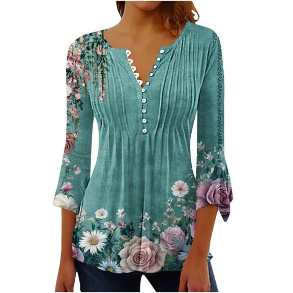 CYMMPU Spring Tunic Tops 3/4 Sleeve Button V Neck Flare Sleeve Flower Pattern Blouses for Women Dressy Casual Loose Fit Fall Fashion Shirts Empire Waist A Line T-Shirts Multicolor S