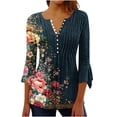 thumbnail image 1 of CYMMPU Spring Tunic Tops 3/4 Sleeve Button V Neck Flare Sleeve Flower Pattern Fall Trendy Shirts Loose Fit Blouses for Women Dressy Casual Empire Waist A Line T-Shirts Multicolor L, 1 of 5