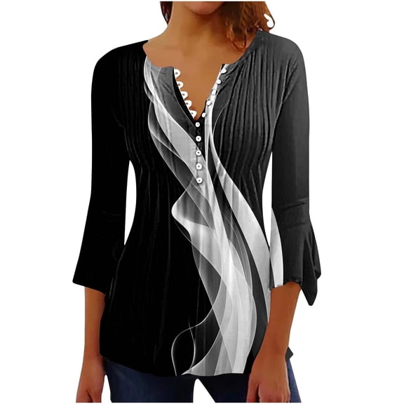 CYMMPU Spring Tunic Tops 3/4 Sleeve Button V Neck Flare Sleeve Flower Printed Loose Fit Fall Trendy Shirts Blouses for Women Dressy Casual Empire Waist A Line T-Shirts Multicolor M