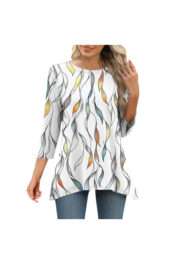 Spring Tunic Tops 3/4 Sleeve Crew Neck Flower Pattern Loose Fit Fall Fashion Shirts Blouses for Women Dressy Casual Flare Hem Hide Belly Tops to Wear with Leggings T-Shirts White XXL