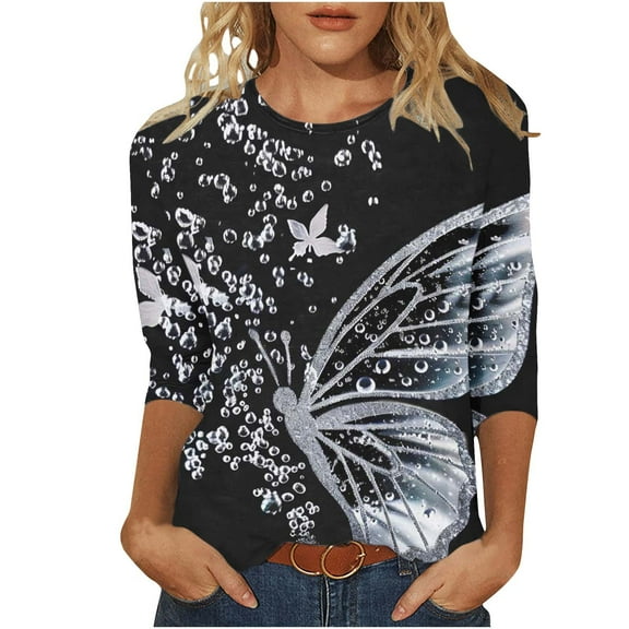 CYMMPU Spring Tunic Tops Boho Blouses for Women Dressy Casual Fall Fashion Shirts Floral Pattern Loose Fit 3/4 Sleeve Round Neck Lightweight Basic T-Shirts S