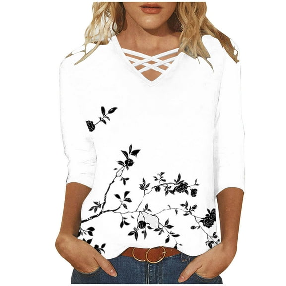CYMMPU Spring Tunic Tops Boho Blouses for Women Dressy Casual Floral Pattern 3/4 Sleeve Fall Fashion Shirts V Neck Loose Fit Business Elegant Work Topss White L