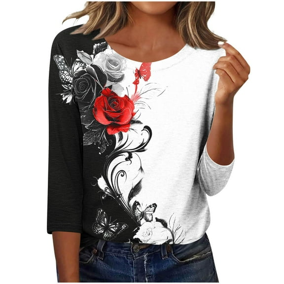 CYMMPU Spring Tunic Tops Boho Blouses for Women Dressy Casual Loose Fit Crew Neck 3/4 Sleeve Flower Printed Fall Trendy Shirts Lightweight Basic Tees Black L