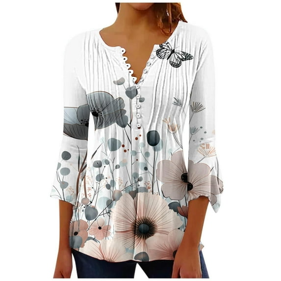 CYMMPU Spring Tunic Tops Boho Blouses for Women Dressy Casual Loose Fit Flower Pattern 3/4 Sleeve Button V Neck Flare Sleeve Fall Trendy Shirts Pleated Dressy T-Shirts Gray L