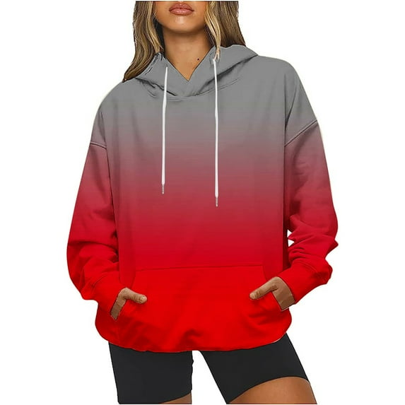 CYMMPU Streetwear Hoodies Workout Pullover Fall Clothes Teen Girls Athletic Sweatshirt Women Fashion Shirts Casual Long Sleeve Jumper Tops Gradient Color Oversized Red Sweatshirts XL