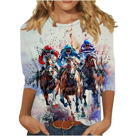 CYMMPU Summer Fall Dressy Tunic Tops Crewneck Horse Printed 3/4 Length Sleeve Business Work Blouses Shirts Casual Basic Tees 2025 Clothes for Women Multicolor XXXXL