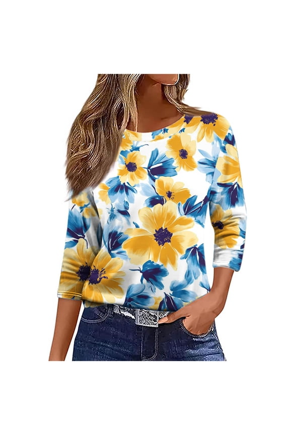 Summer Fall Fashion Tunic Tops Floral Printed 3/4 Length Sleeve Basic Tees Shirts Vintage Crewneck Business Work Blouses 2025 Clothes for Women Yellow M