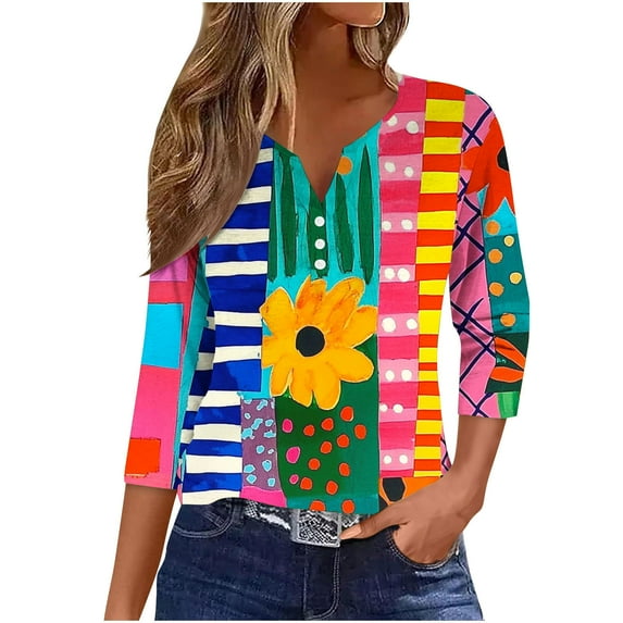 CYMMPU Summer Fall Fashion Tunic Tops Floral Printed 3/4 Length Sleeve Shirts V-Neck Vintage Business Work Blouses Basic Tees 2025 Clothes for Women Hot Pink XL
