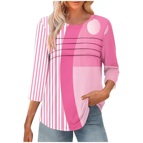 CYMMPU Summer Fall Fashion Tunic Tops Shirts Basic Tees Floral Printed 3/4 Length Sleeve Business Work Blouses Vintage Crewneck 2025 Clothes for Women Pink XXL