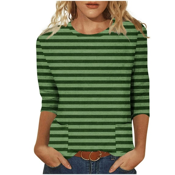 CYMMPU Summer Fall Plus Size Tunic Tops Basic Tees Vintage Striped 3/4 Length Sleeve Crewneck Shirts Business Work Blouses 2025 Clothes for Women Green L