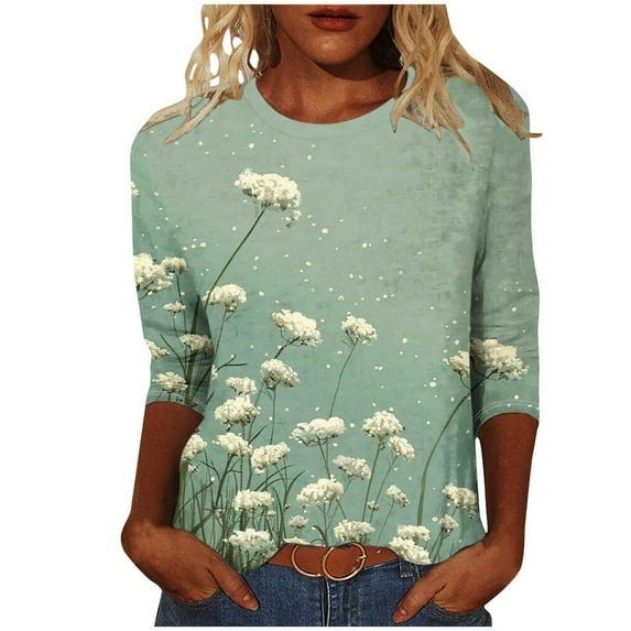 CYMMPU Summer Fall Plus Size Tunic Tops Business Work Blouses Floral Printed 3/4 Length Sleeve Crewneck Vintage Basic Tees Shirts 2025 Clothes for Women Multicolor XXXXL