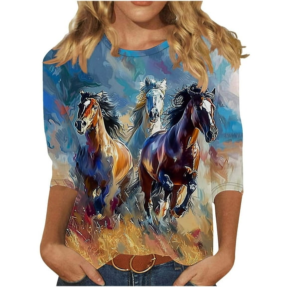 CYMMPU Summer Fall Plus Size Tunic Tops Crewneck Vintage Horse Printed 3/4 Length Sleeve Business Work Blouses Basic Tees Shirts 2025 Clothes for Women Multicolor XXXXL