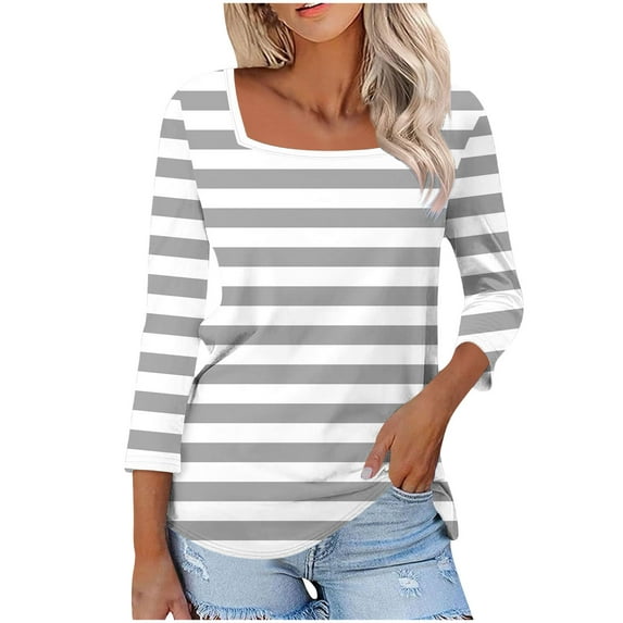 CYMMPU Summer Fall Plus Size Tunic Tops Vintage Square Neck Business Work Blouses Striped 3/4 Length Sleeve Basic Tees Shirts 2025 Clothes for Women Gray M