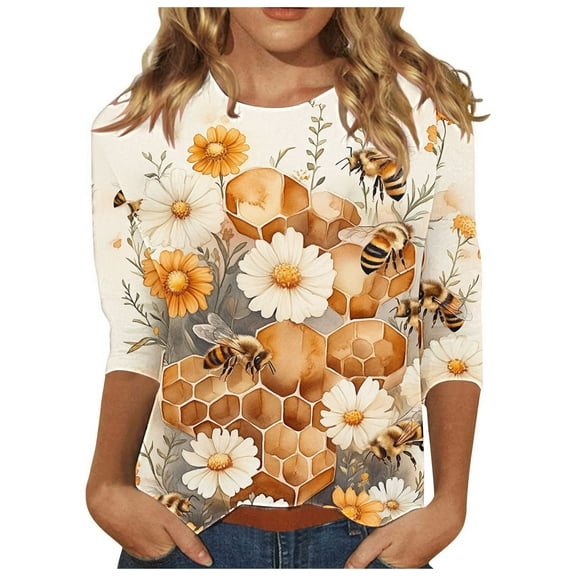 CYMMPU Summer Fashion Shirts 3/4 Sleeve Bee Pattern Round Neck Tunic Tops Loose Fit Blouses for Women Dressy Casual Spring Tops Lightweight Basic T-Shirts Yellow S