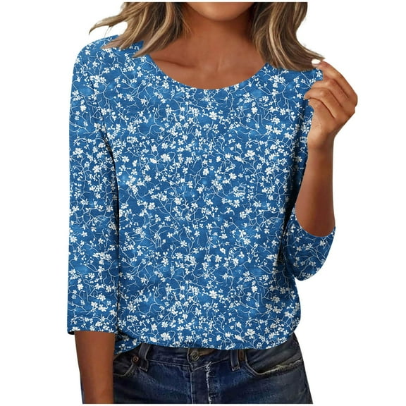 CYMMPU Summer Fashion Shirts 3/4 Sleeve Blouses for Women Dressy Casual Flower Printed Crew Neck Tunic Tops Spring Tops Loose Fit Lightweight Basic T-Shirts Blue S