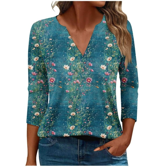 CYMMPU Summer Fashion Shirts 3/4 Sleeve Blouses for Women Dressy Casual Spring Tops Flower Printed V Neck T-Shirts Loose Fit Business Elegant Work Topss Multicolor S
