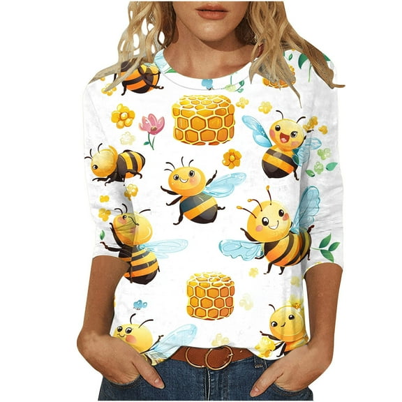 CYMMPU Summer Fashion Shirts 3/4 Sleeve Crew Neck Blouses for Women Dressy Casual Bee Pattern Loose Fit Tunic Tops Spring Tops Cute Animals T-Shirts M