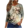 thumbnail image 1 of CYMMPU Summer Fashion Shirts 3/4 Sleeve Crew Neck Loose Fit Flower Printed Spring Tops Blouses for Women Dressy Casual Tunic Tops Lightweight Basic T-Shirts Khaki S, 1 of 4