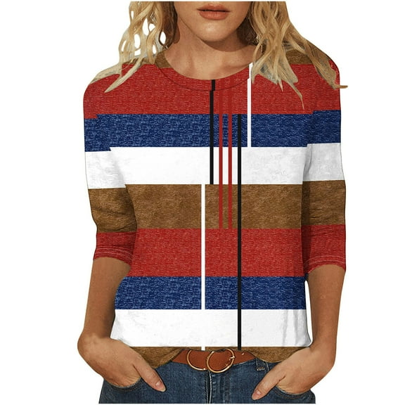 CYMMPU Summer Fashion Shirts 3/4 Sleeve Crew Neck Spring Tops Blouses for Women Dressy Casual Floral Pattern Tunic Tops Loose Fit Color Block T-Shirts L