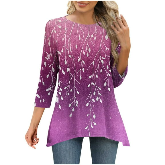 CYMMPU Summer Fashion Shirts 3/4 Sleeve Floral Pattern Round Neck Blouses for Women Dressy Casual Loose Fit Tunic Tops Spring Tops Flare Hem Hide Belly Tops to Wear with Leggings T-Shirts Purple XXL