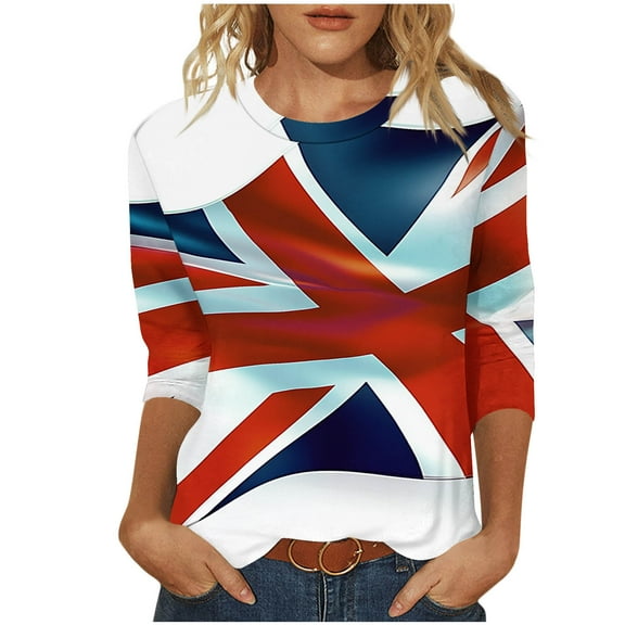 CYMMPU Summer Fashion Shirts 3/4 Sleeve Floral Printed Loose Fit Tunic Tops Spring Tops Blouses for Women Dressy Casual Crew Neck Lightweight Basic T-Shirts Blue M