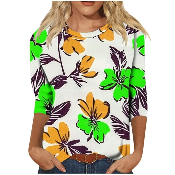 CYMMPU Summer Fashion Shirts 3/4 Sleeve Flower Printed Blouses for Women Dressy Casual Loose Fit Round Neck Tunic Tops Spring Tops Pleated Dressy T-Shirts S