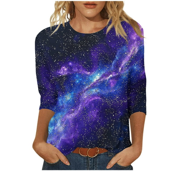 CYMMPU Summer Fashion Shirts 3/4 Sleeve Loose Fit Blouses for Women Dressy Casual Spring Tunic Tops Crew Neck Floral Pattern Lightweight Basic T-Shirts Purple S