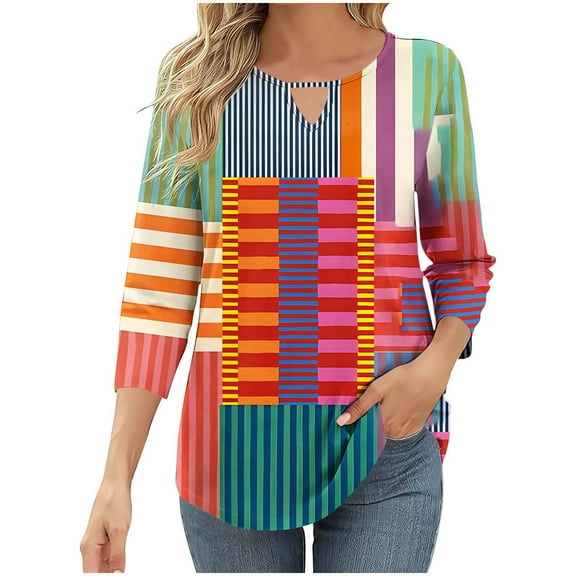 CYMMPU Summer Fashion Shirts 3/4 Sleeve Round Neck Loose Fit Blouses for Women Dressy Casual Floral Pattern Tunic Tops Spring Tops Lightweight Basic T-Shirts S