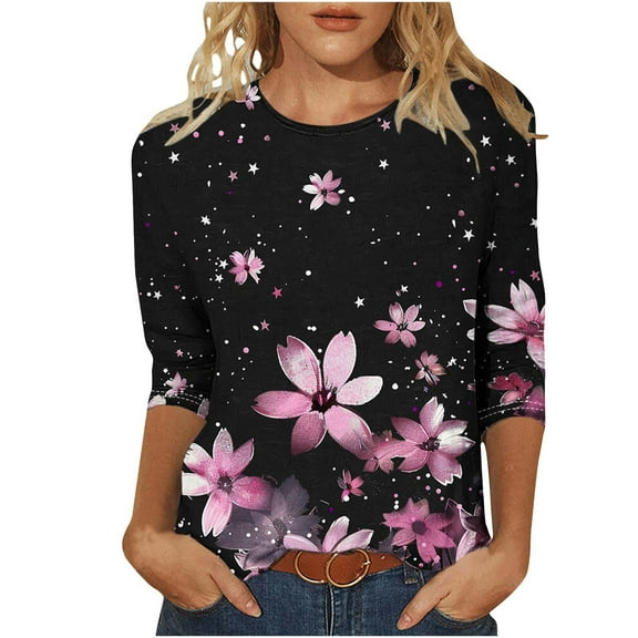 CYMMPU Summer Fashion Shirts 3/4 Sleeve Round Neck Tunic Tops Spring Tops Loose Fit Blouses for Women Dressy Casual Flower Pattern Lightweight Basic T-Shirts Pink XXXL