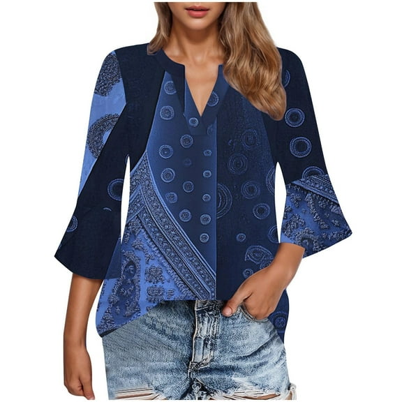 CYMMPU Summer Fashion Shirts 3/4 Sleeve Spring Tops Blouses for Women Dressy Casual Tunic Tops Loose Fit V Neck Flower Printed Flare Hem Hide Belly Tops to Wear with Leggings T-Shirts S