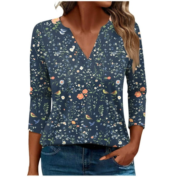 CYMMPU Summer Fashion Shirts 3/4 Sleeve Spring Topss Flower Pattern Blouses for Women Dressy Casual V Neck Loose Fit Business Elegant Work Topss XL
