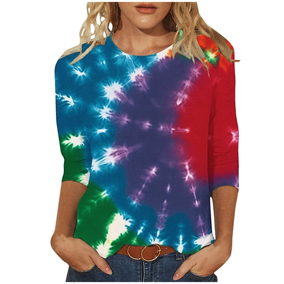 CYMMPU Summer Fashion Shirts 3/4 Sleeve Tie Dye Loose Fit Spring Tops Blouses for Women Dressy Casual Round Neck Tunic Tops Ombre T-Shirts XXXXL