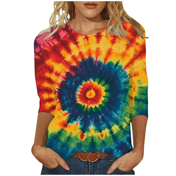 CYMMPU Summer Fashion Shirts 3/4 Sleeve Tie Dye Loose Fit T-Shirts Round Neck Blouses for Women Dressy Casual Spring Tops Ombre T-Shirts XL