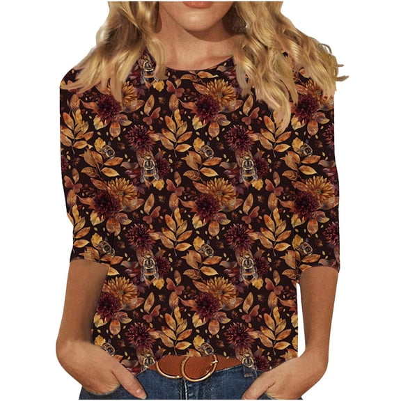 CYMMPU Summer Fashion Shirts 3/4 Sleeve Tunic Tops Boho Blouses for Women Dressy Casual Spring Tops Round Neck Bee Graphic Loose Fit Lightweight Basic T-Shirts XL