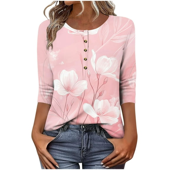 CYMMPU Summer Fashion Shirts Button up V Neck Blouses for Women Dressy Casual 3/4 Sleeve Loose Fit Flower Pattern Tunic Tops Spring Tops Business Elegant Work Topss Pink XXL