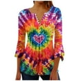 thumbnail image 1 of CYMMPU Summer Fashion Shirts Button V Neck Flare Sleeve Blouses for Women Dressy Casual Spring Tunic Tops Loose Fit Tie Dye 3/4 Sleeve Empire Waist A Line T-Shirts XXL, 1 of 5