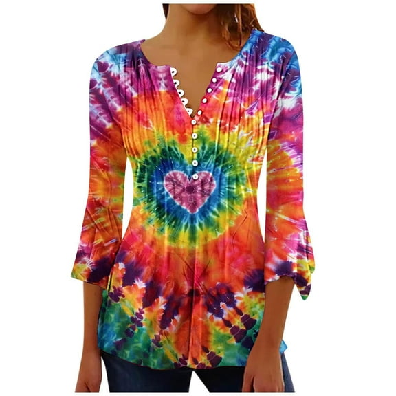 CYMMPU Summer Fashion Shirts Button V Neck Flare Sleeve Blouses for Women Dressy Casual Spring Tunic Tops Loose Fit Tie Dye 3/4 Sleeve Empire Waist A Line T-Shirts XXL